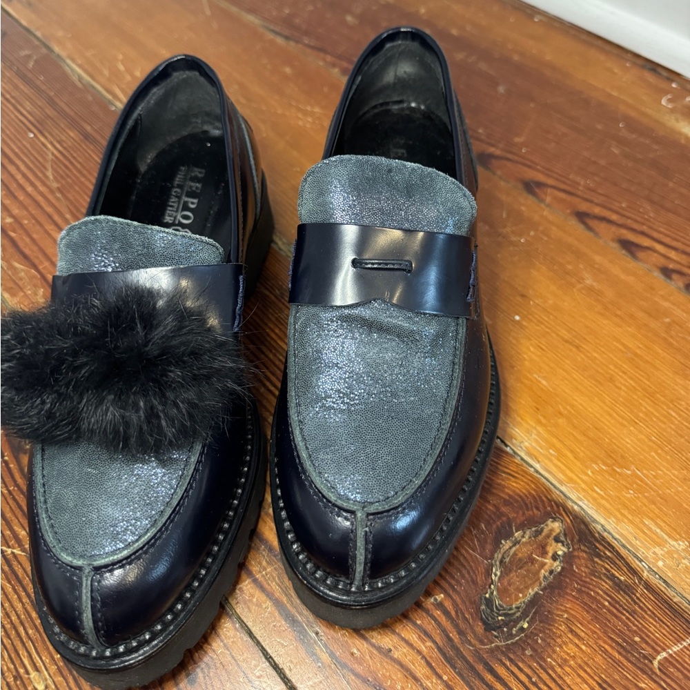 PHIL GATIÉR by REPO Patent Leather Lug Sole Loafers Pom Poms Blue Black 36 5.5 - Picture 10 of 10